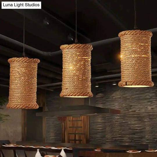 Farm Style Rustic Brown Cylinder Pendant Light With Rope Detail - Metal Hanging Lighting For Dining