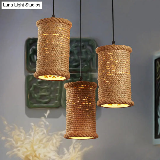 Brown Rope Farmhouse Cylinder Ceiling Pendant Light - Metal Hanging Lamp For Dining Room