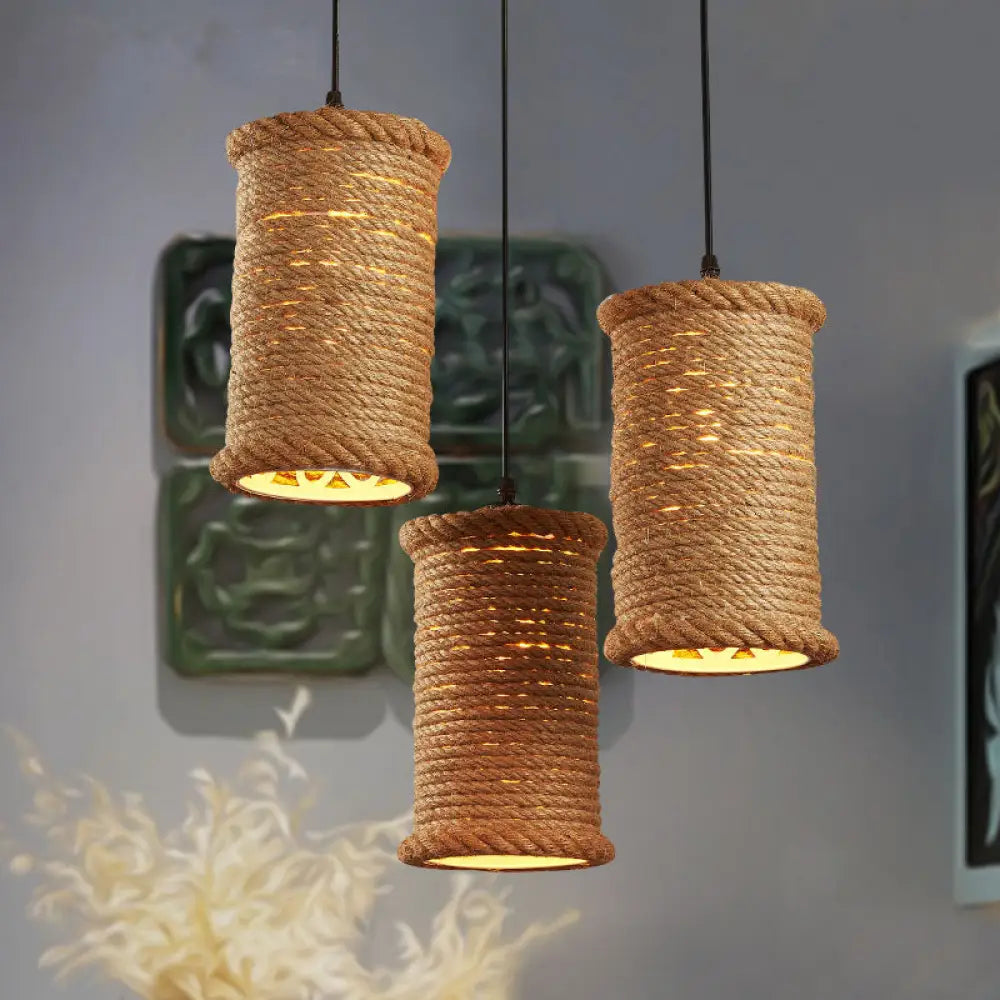 Farm Style Rustic Brown Cylinder Pendant Light With Rope Detail - Metal Hanging Lighting For Dining