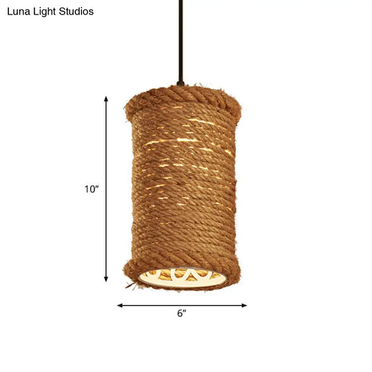 Brown Rope Farmhouse Cylinder Ceiling Pendant Light - Metal Hanging Lamp For Dining Room