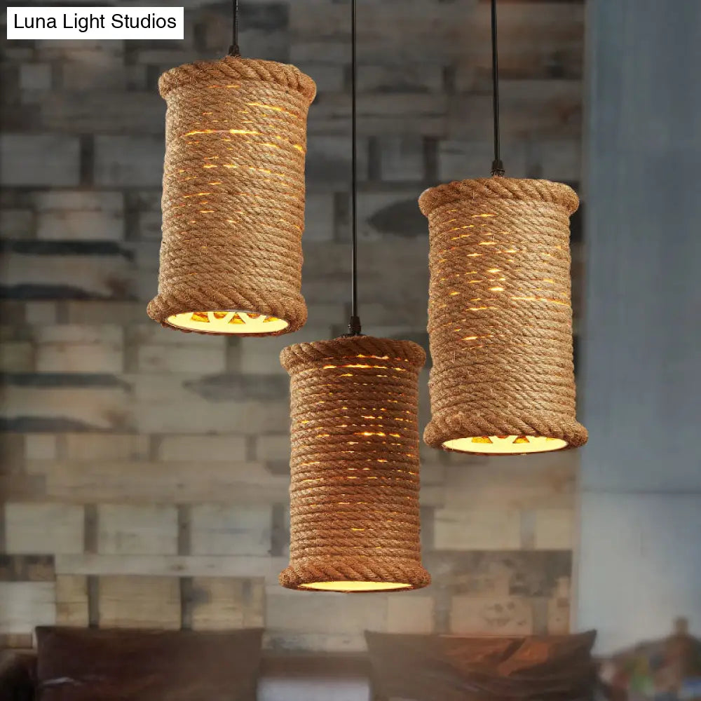Farm Style Rustic Brown Cylinder Pendant Light With Rope Detail - Metal Hanging Lighting For Dining