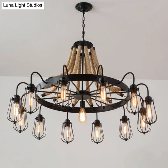 9/13 Lights Farm Style Rope Chandelier With Metallic Pendant Cage Black Finish And Wheel Design 13 /