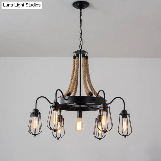 9/13 Lights Farm Style Rope Chandelier With Metallic Pendant Cage Black Finish And Wheel Design 7 /