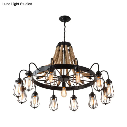 9/13 Lights Farm Style Rope Chandelier With Metallic Pendant Cage Black Finish And Wheel Design