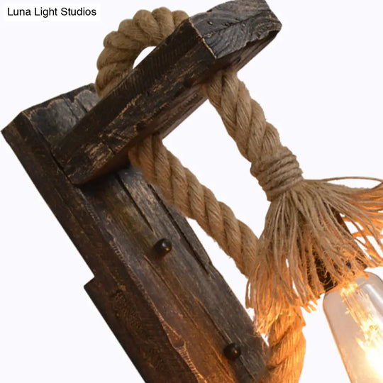 Farm Style Wood Wall Mounted Lamp: Rustic Hanging Light In Brown With Rope Detail & 1 Bulb