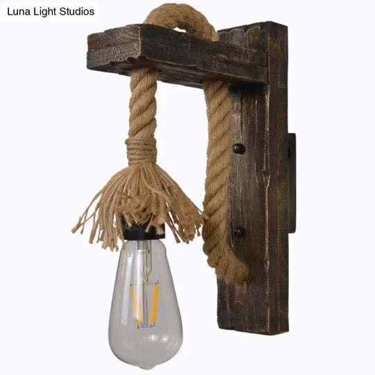 Farm Style Wood Wall Mounted Lamp: Rustic Hanging Light In Brown With Rope Detail & 1 Bulb