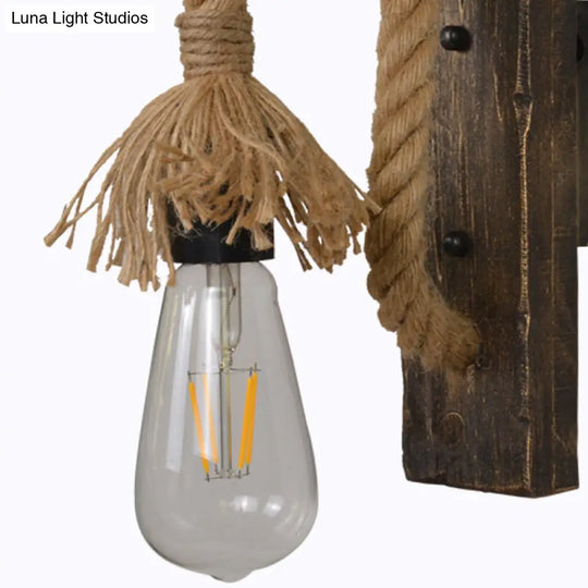 Farm Style Wood Wall Mounted Lamp: Rustic Hanging Light In Brown With Rope Detail & 1 Bulb