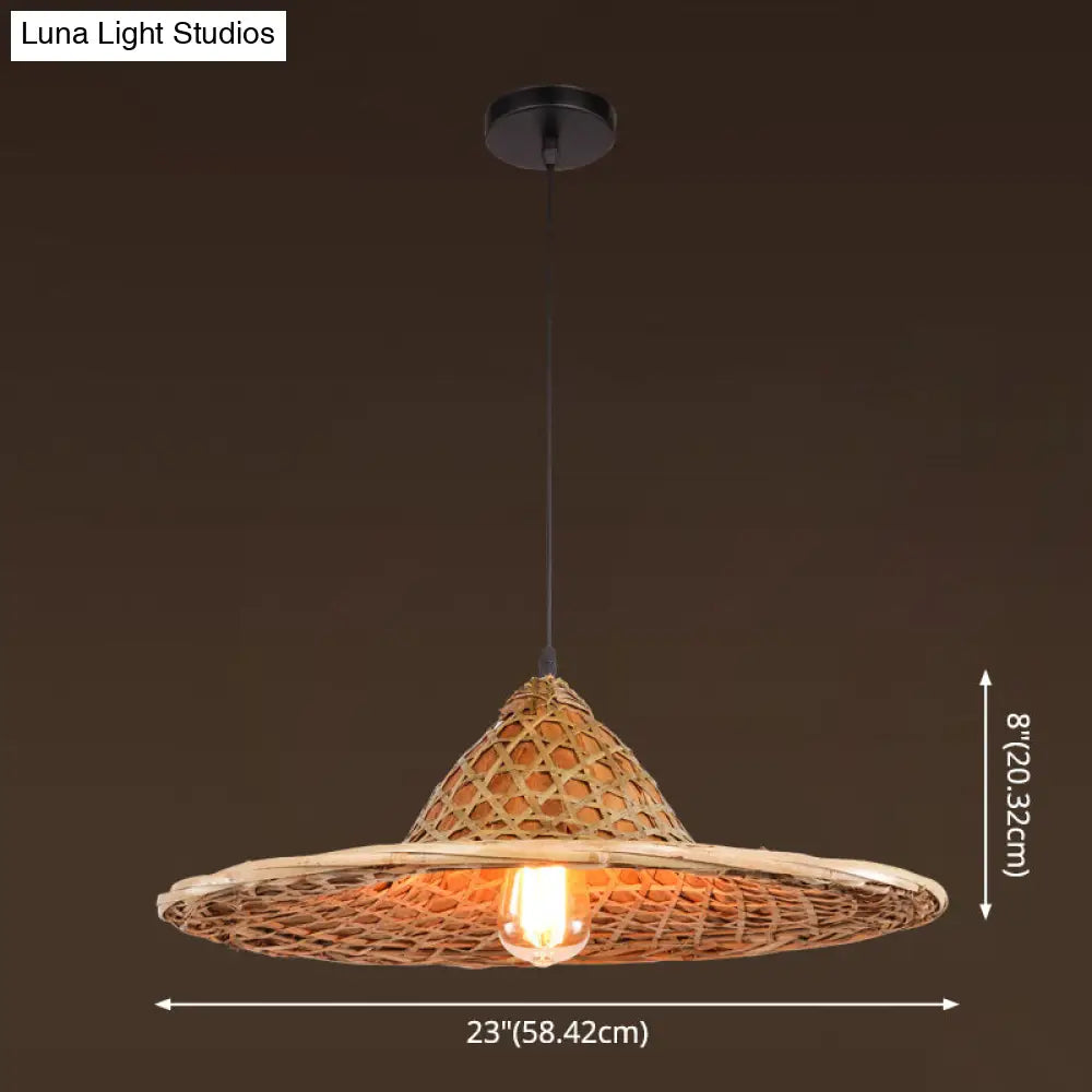 Farmers Hat Pendant: Asian Inspired Bamboo Woven Ceiling Lamp In Wood