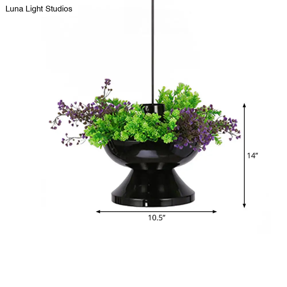 Farmhouse 1-Head Black Metal Hot Pot Pendant With Led Ceiling Light & Artificial Plant Deco For