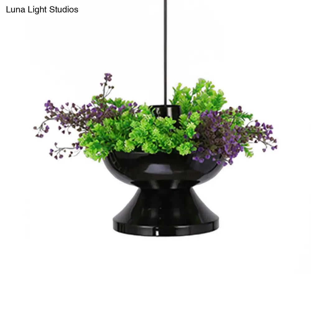 Farmhouse 1-Head Black Metal Hot Pot Pendant With Led Ceiling Light & Artificial Plant Deco For