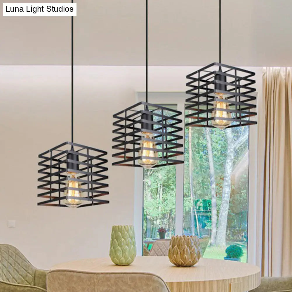Black Iron Cage Pendant Light - Farmhouse Style Dining Room Lamp / D
