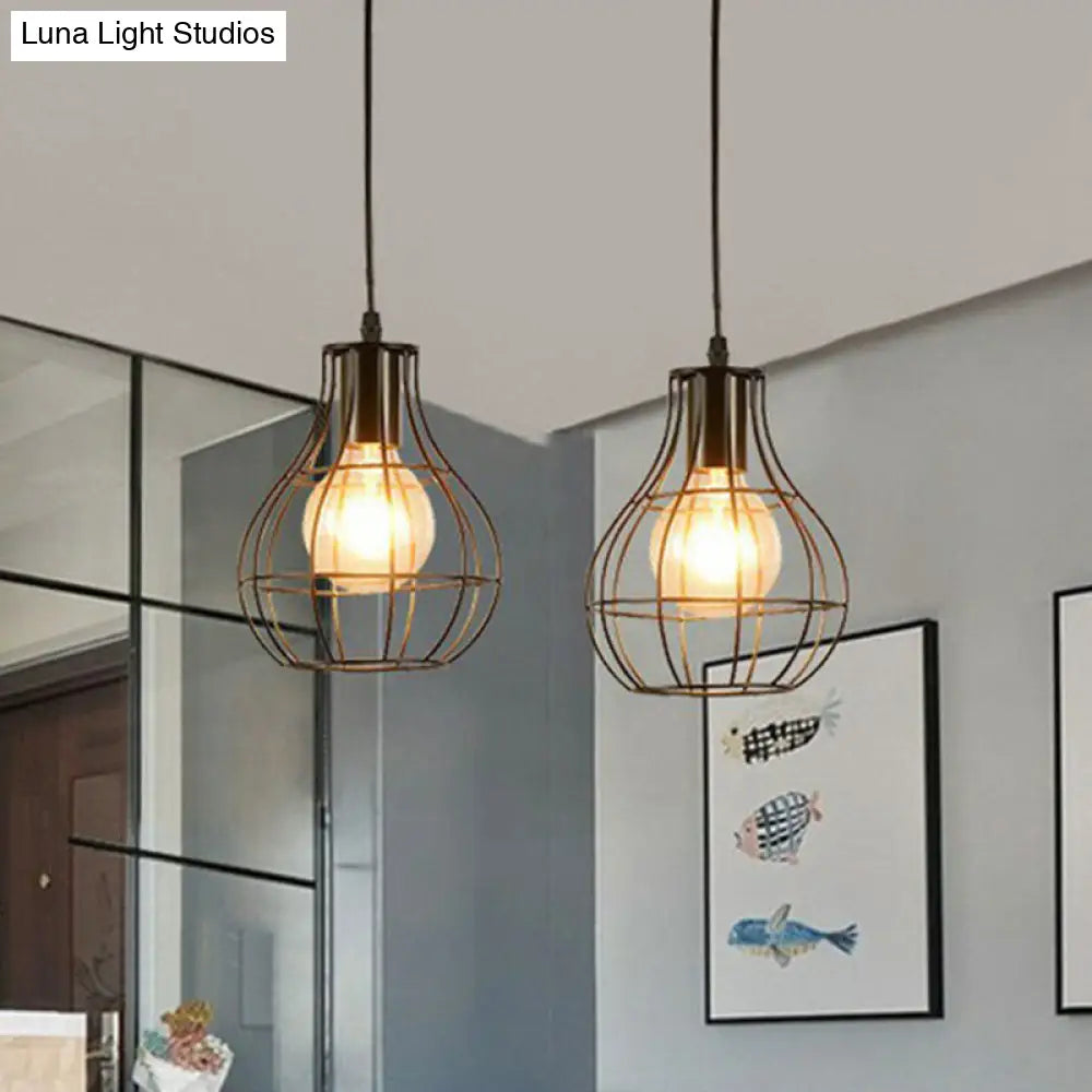 Black Iron Cage Pendant Light - Farmhouse Style Dining Room Lamp / A