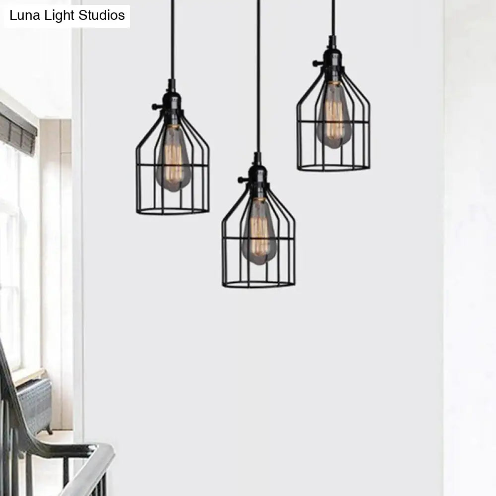 Black Iron Cage Pendant Light - Farmhouse Style Dining Room Lamp / C