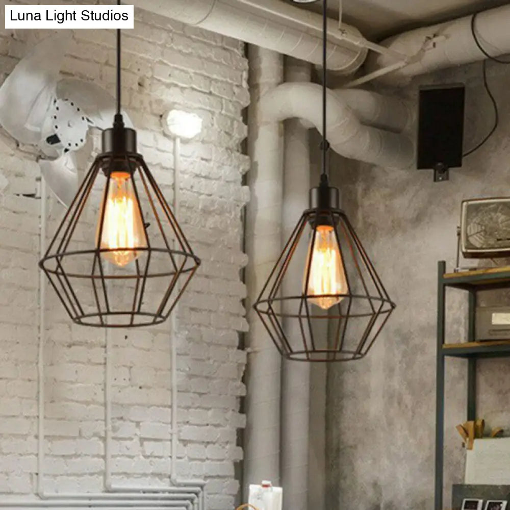 Black Iron Cage Pendant Light - Farmhouse Style Dining Room Lamp