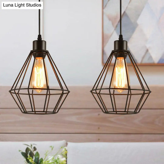 Black Iron Cage Pendant Light - Farmhouse Style Dining Room Lamp / B