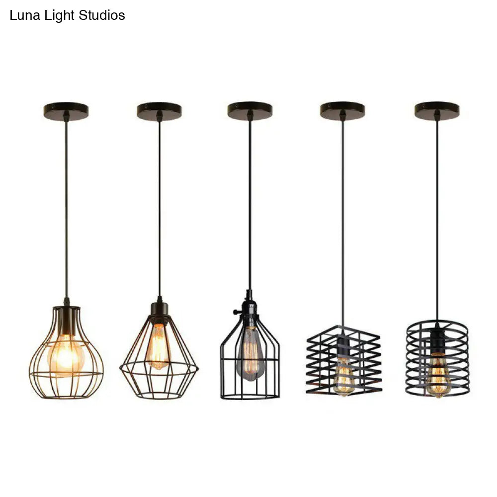 Farmhouse 1-Light Black Iron Cage Pendant Dining Room Lamp