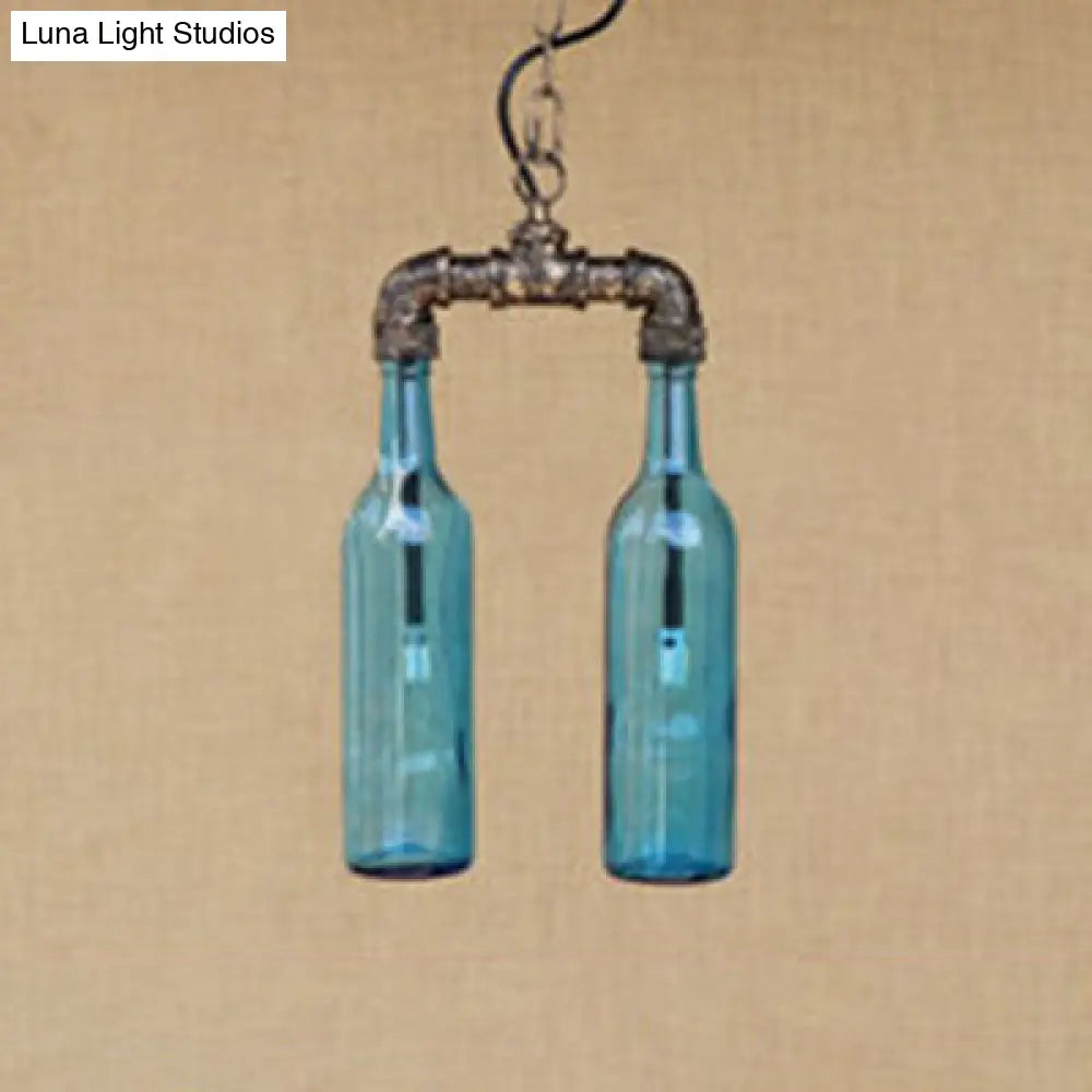 Farmhouse 2-Light Chandelier Pendant With Amber/Blue Glass Shade And Pipe Design Blue