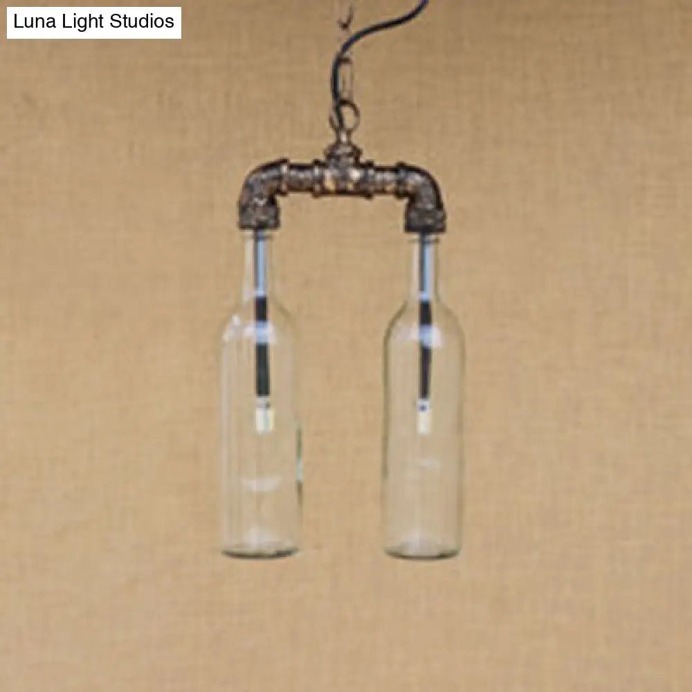 Farmhouse 2-Light Chandelier Pendant With Amber/Blue Glass Shade And Pipe Design