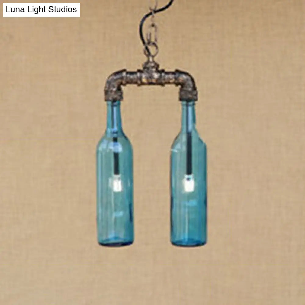 Farmhouse 2-Light Chandelier Pendant With Amber/Blue Glass Shade And Pipe Design