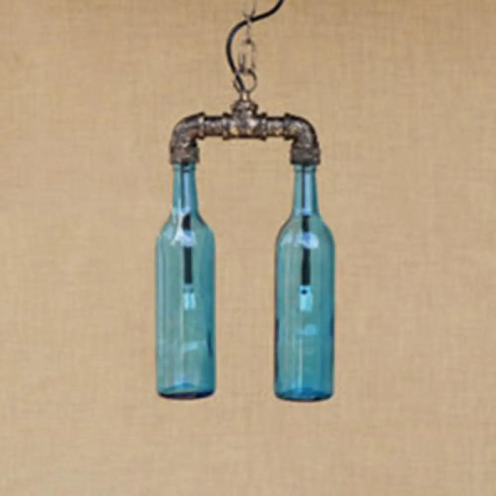 Farmhouse 2-Light Chandelier Pendant With Amber/Blue Glass Shades And Pipe Design Blue