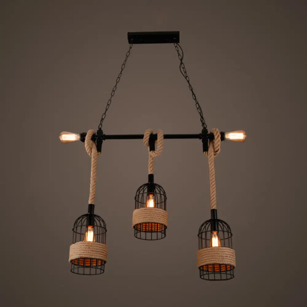 Farmhouse 3-Head Beige Geometry Pendant Light With Rope For Dining Room Or Island / C