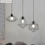 Farmhouse 3-Light Iron Pendant Ceiling Fixture With Black Wire Cage And Unique Shades