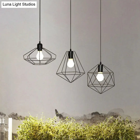 Farmhouse Iron Wire Cage Ceiling Pendant Light Fixture With 3 Lights And Black Shades