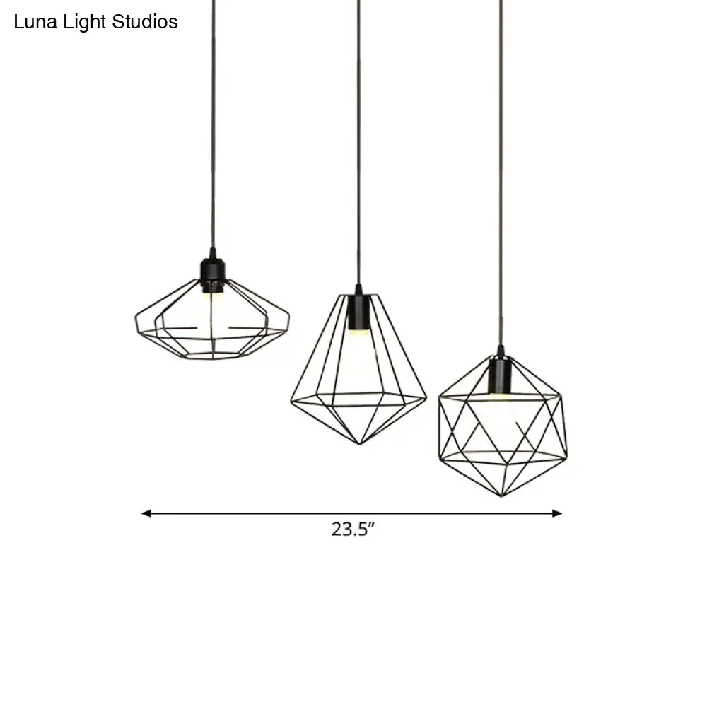 Farmhouse 3-Light Iron Pendant Ceiling Fixture With Black Wire Cage And Unique Shades