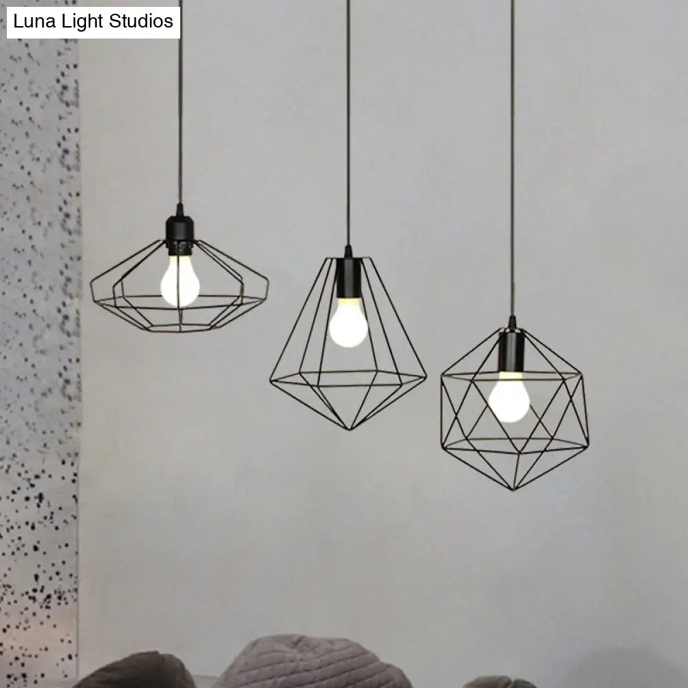 Farmhouse 3-Light Iron Pendant Ceiling Fixture With Black Wire Cage And Unique Shades