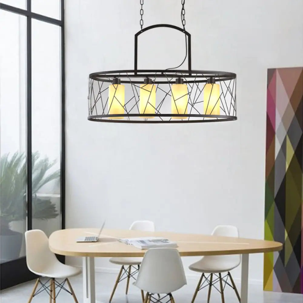 Farmhouse 4-Head Island Lamp With Metal Oblong Mesh Shade In Stylish Black