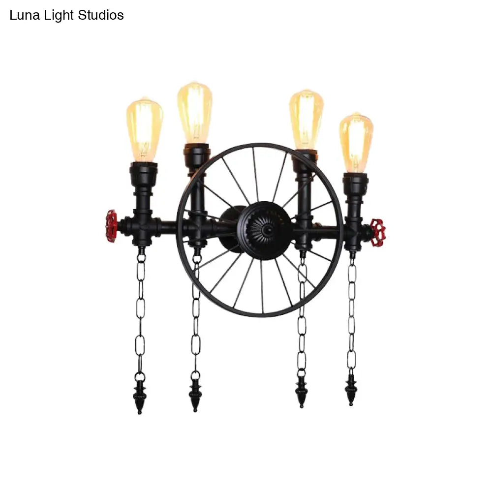 Farmhouse 4-Light Wheel Metal Wall Sconce In Black With Chain