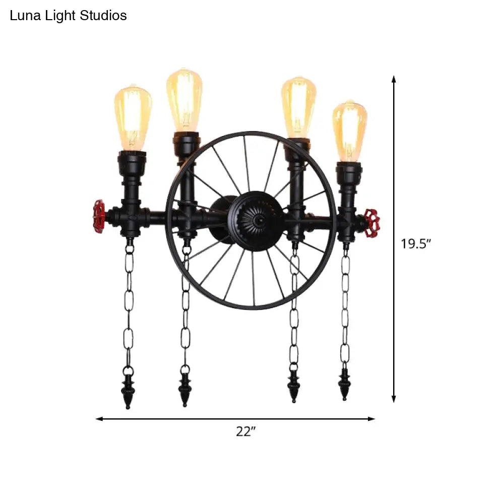 Farmhouse 4-Light Wheel Metal Wall Sconce In Black With Chain