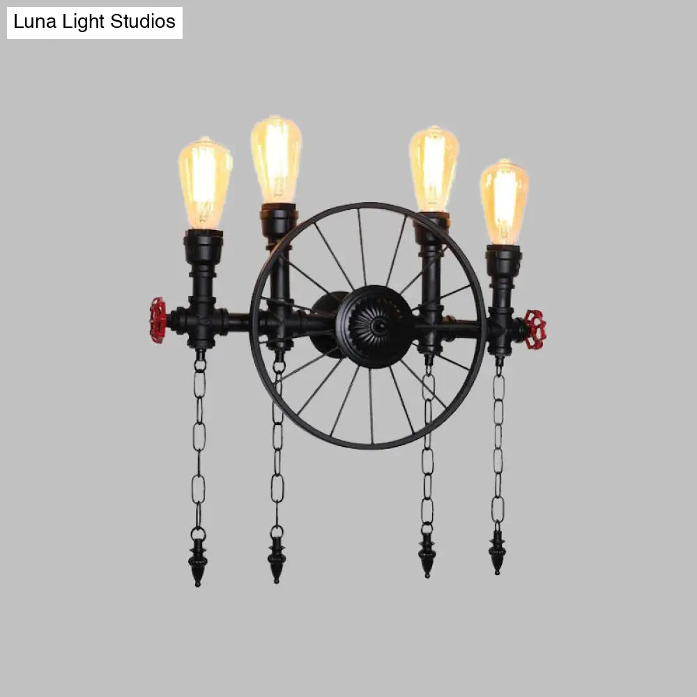 Farmhouse 4-Light Wheel Metal Wall Sconce In Black With Chain