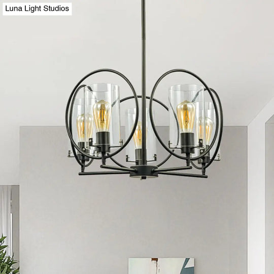 Farmhouse Cylinder Pendant Chandelier With 5 Clear Glass Lights And Hoop Design Black