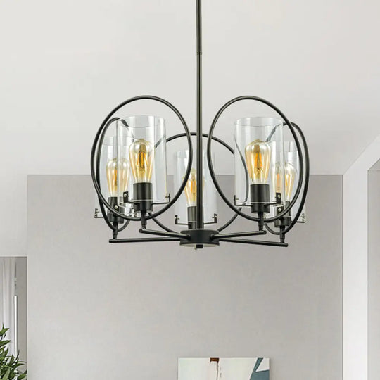 Farmhouse 5-Light Black Chandelier With Clear Glass Cylinder Shades And Hoop Design