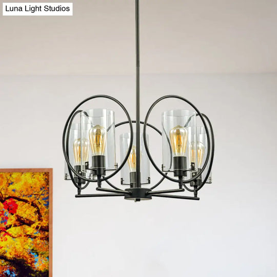 Farmhouse 5-Light Black Chandelier With Clear Glass Cylinder Shades And Hoop Design