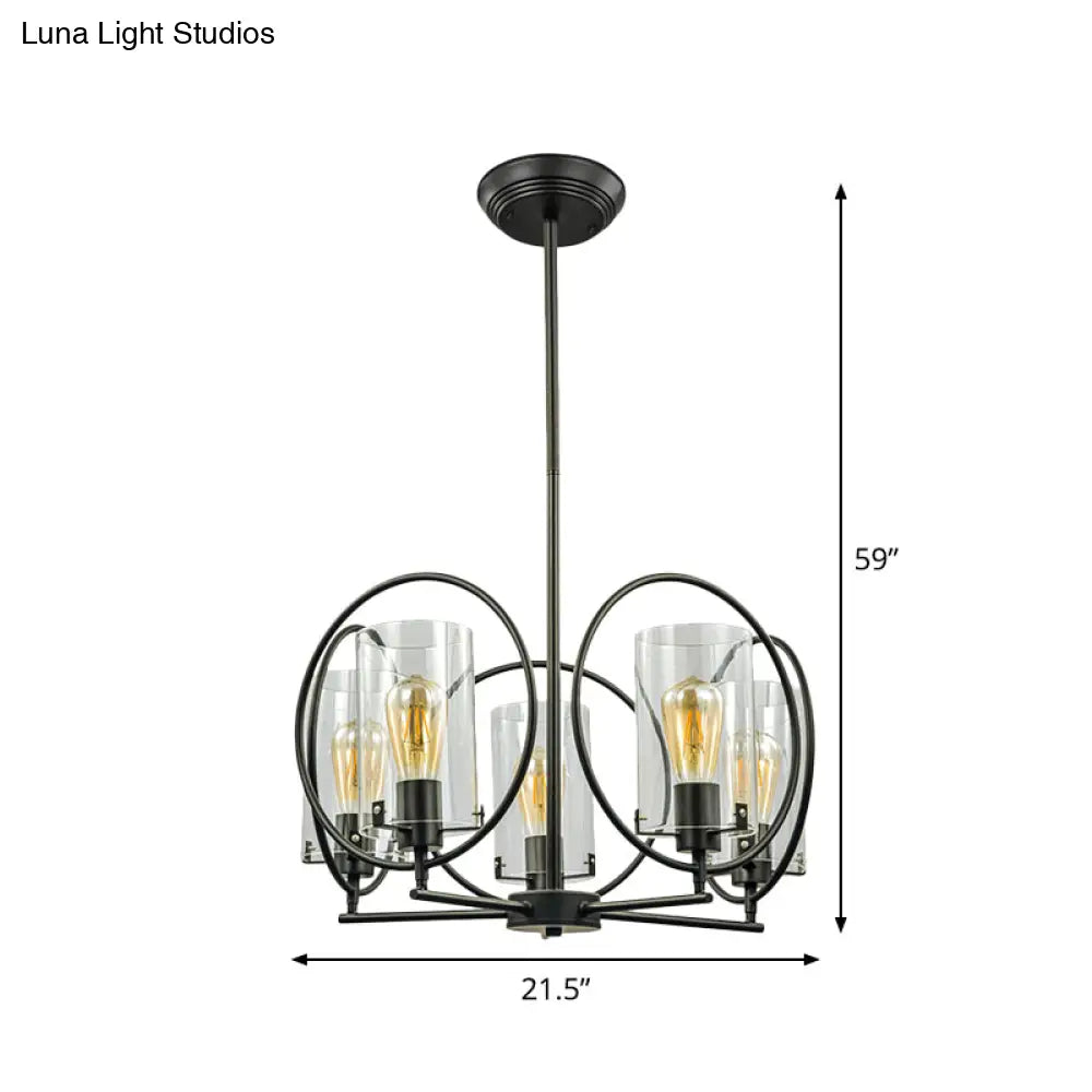 Farmhouse 5-Light Black Chandelier With Clear Glass Cylinder Shades And Hoop Design