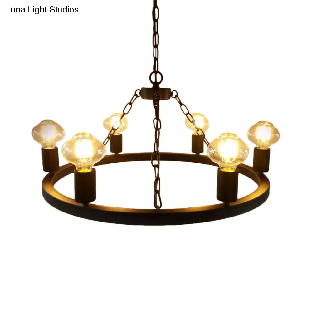 Farmhouse 6-Bulb Ring Chandelier Lamp In Black - Exposed Bulb Metallic Ceiling Lighting For Living