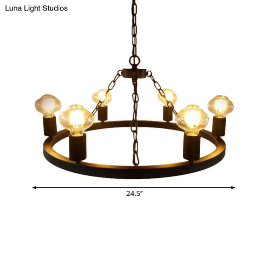 Farmhouse Ring Chandelier Lamp: Exposed Bulb 6 Metallic Bulbs Black Ceiling Lighting For Living Room