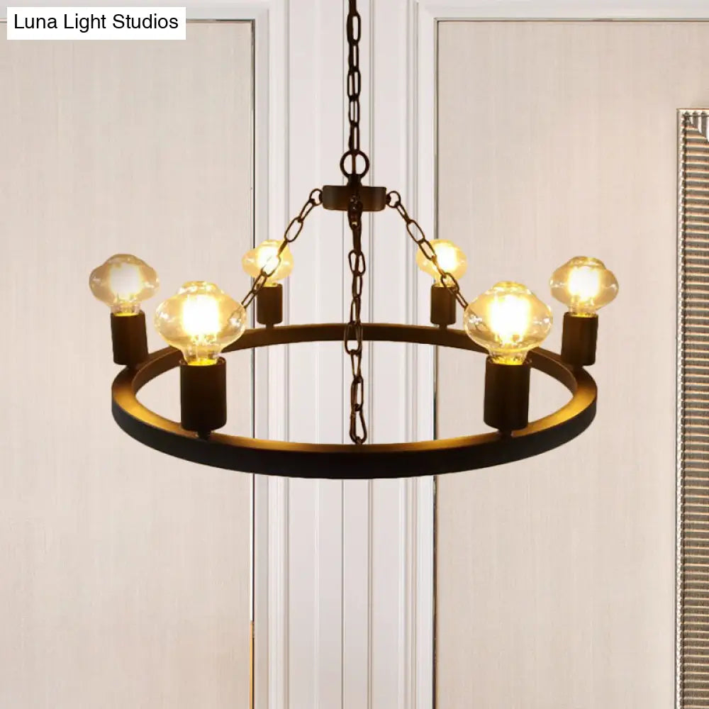 Farmhouse 6-Bulb Ring Chandelier Lamp In Black - Exposed Bulb Metallic Ceiling Lighting For Living