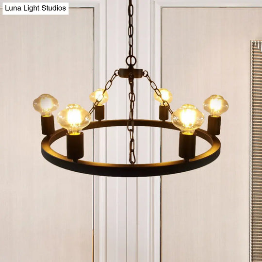 Farmhouse 6-Bulb Ring Chandelier Lamp In Black - Exposed Bulb Metallic Ceiling Lighting For Living