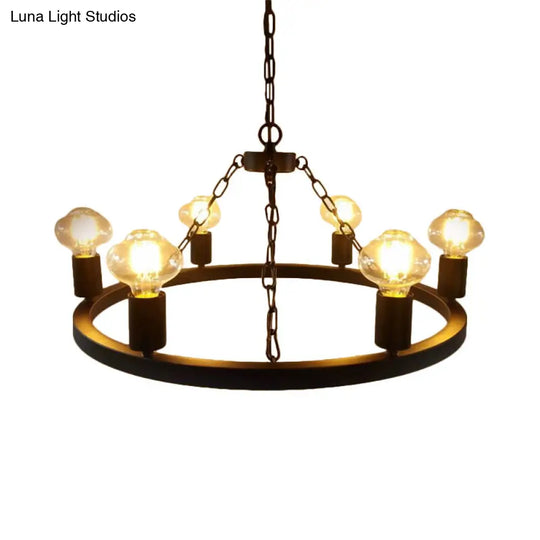 Farmhouse Ring Chandelier Lamp: Exposed Bulb 6 Metallic Bulbs Black Ceiling Lighting For Living Room