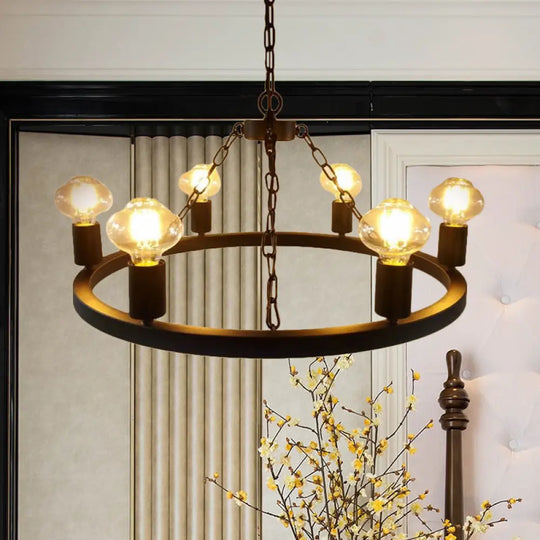 Farmhouse 6-Bulb Ring Chandelier Lamp In Black - Exposed Bulb Metallic Ceiling Lighting For Living