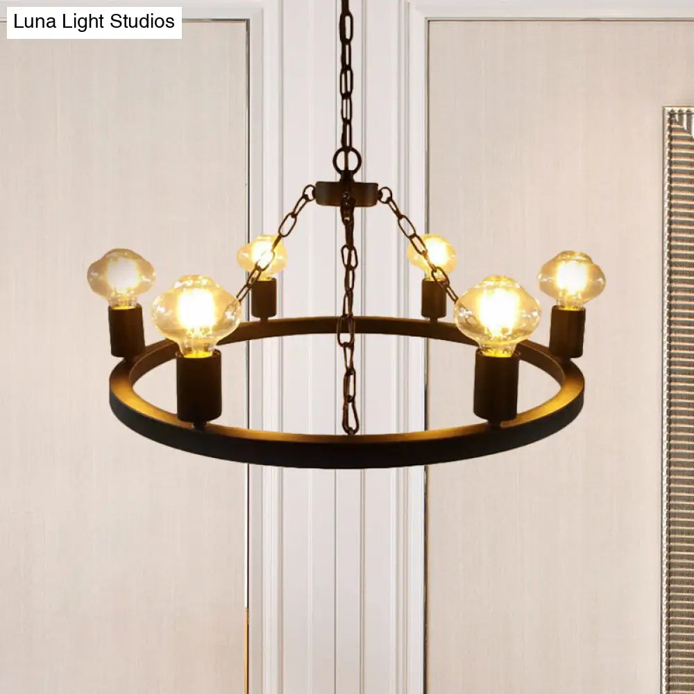 Farmhouse Ring Chandelier Lamp: Exposed Bulb 6 Metallic Bulbs Black Ceiling Lighting For Living Room