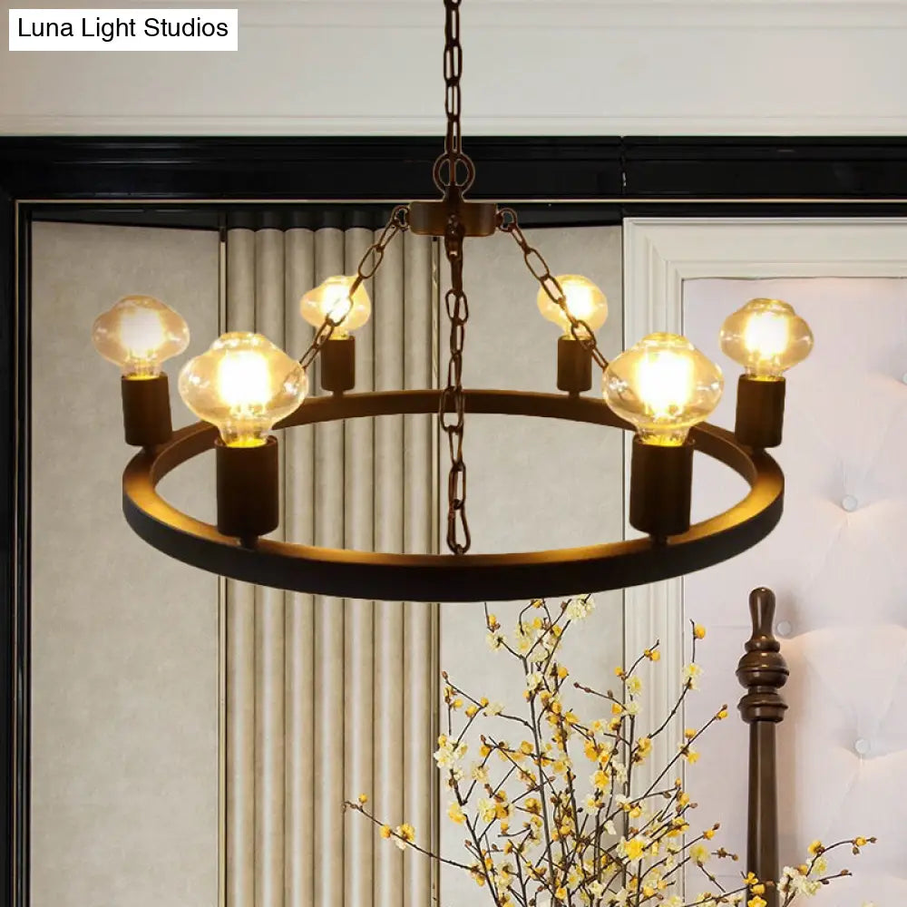 Farmhouse Ring Chandelier Lamp: Exposed Bulb 6 Metallic Bulbs Black Ceiling Lighting For Living Room