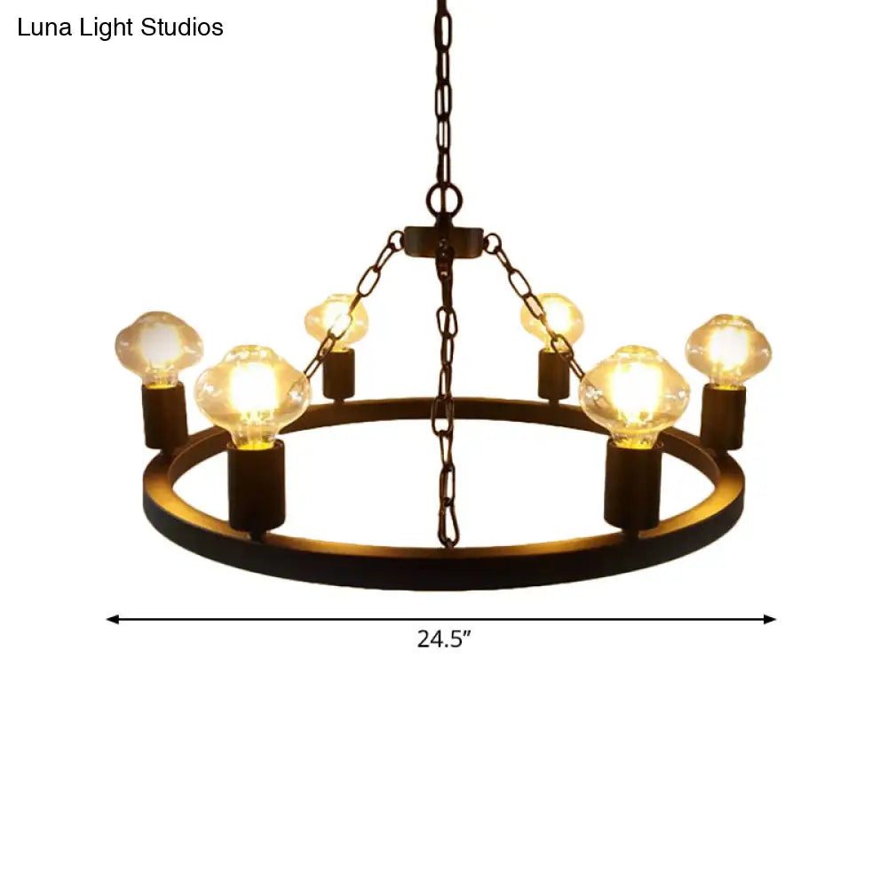 Farmhouse 6-Bulb Ring Chandelier Lamp In Black - Exposed Bulb Metallic Ceiling Lighting For Living