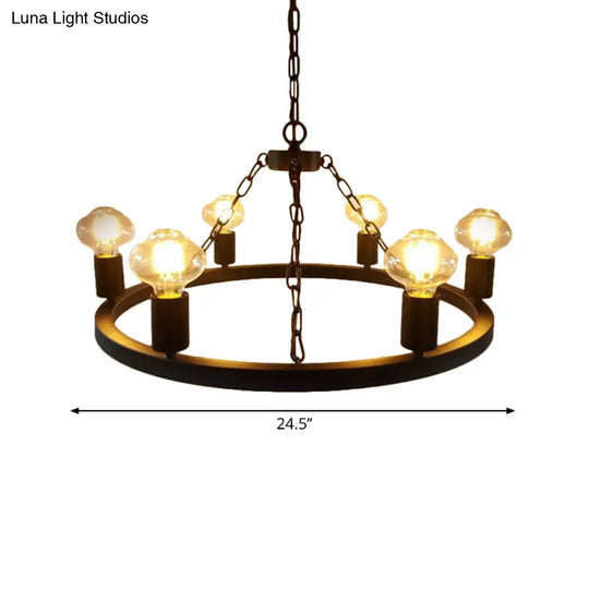 Farmhouse 6-Bulb Ring Chandelier Lamp In Black - Exposed Bulb Metallic Ceiling Lighting For Living