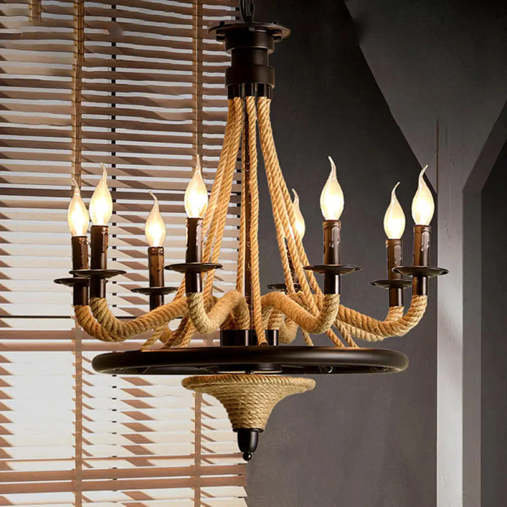 Farmhouse 8-Bulb Rope Candle Chandelier Pendant Light In Black With Wheel Design - Perfect For