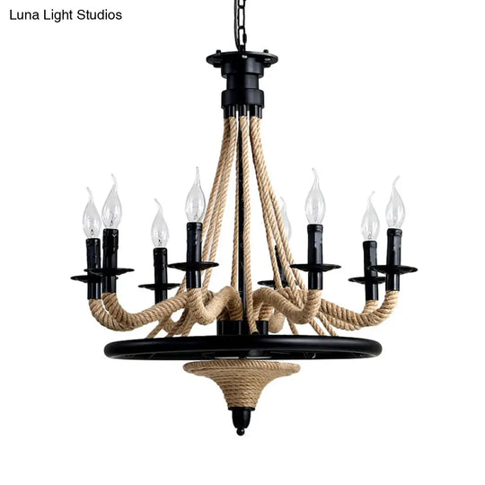 Farmhouse 8-Bulb Rope Candle Chandelier Pendant Light In Black With Wheel Design - Perfect For