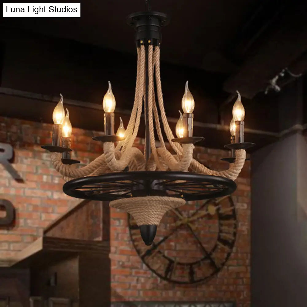 8-Bulb Black Pendant Chandelier With Rope And Wheel Design Ideal For Farmhouse Restaurant Decor